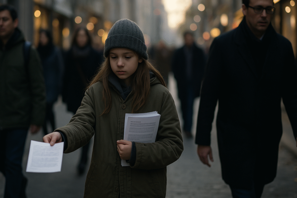 a girl holding papers in a city