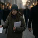 a girl holding papers in a city