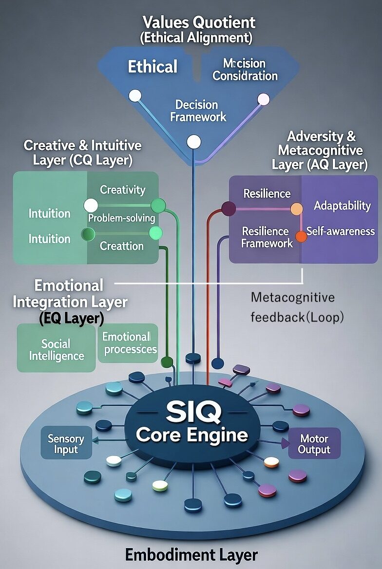Embodiment, Emotional, Creative, Adversity, Ethicalの各層が統合され、SIQコアエンジンとメタ認知フィードバックループを持つAGIのアーキテクチャ図